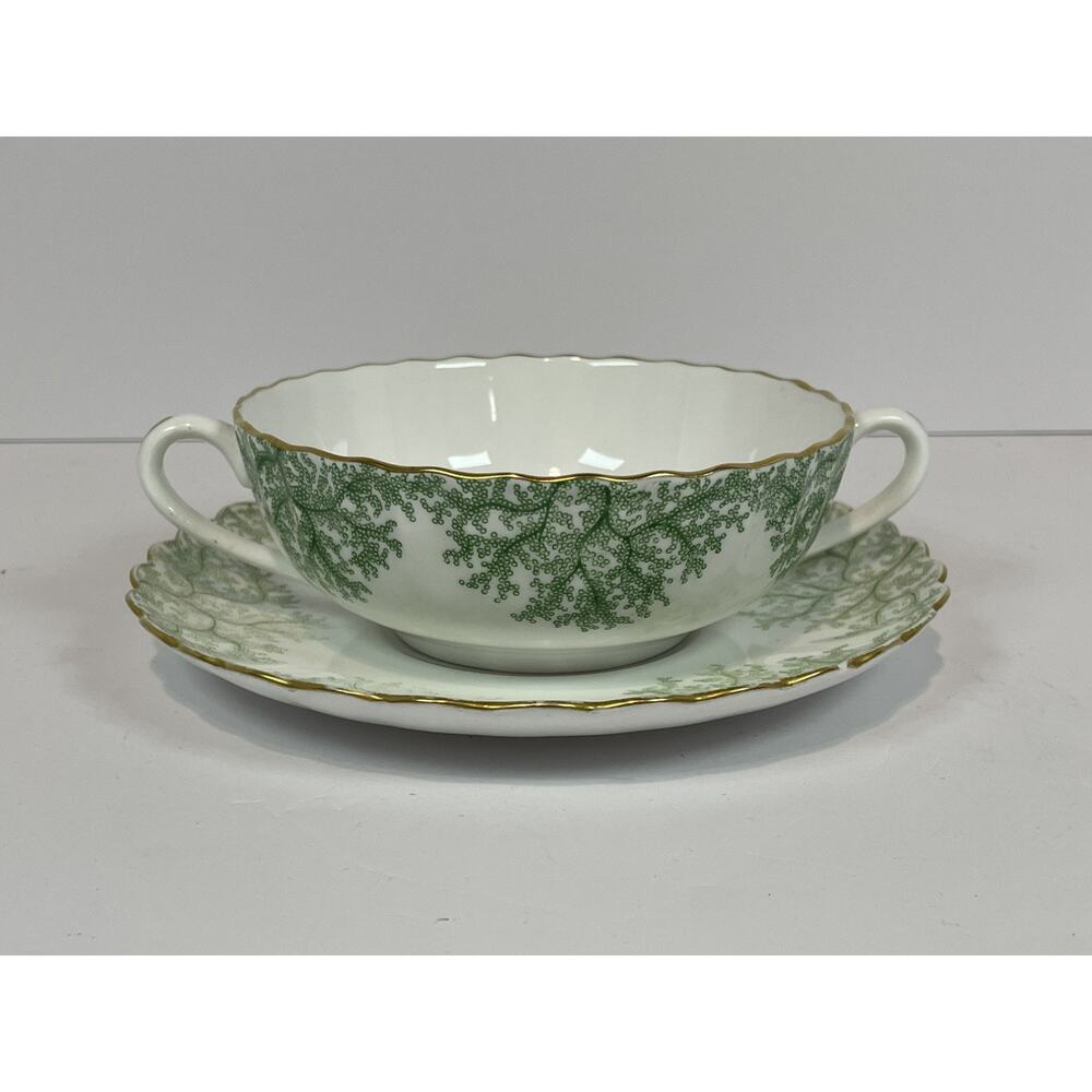 Spode Green Coral Cream Soup Bowl & Saucer Set Gold Trim EUC Rare Vintage‎